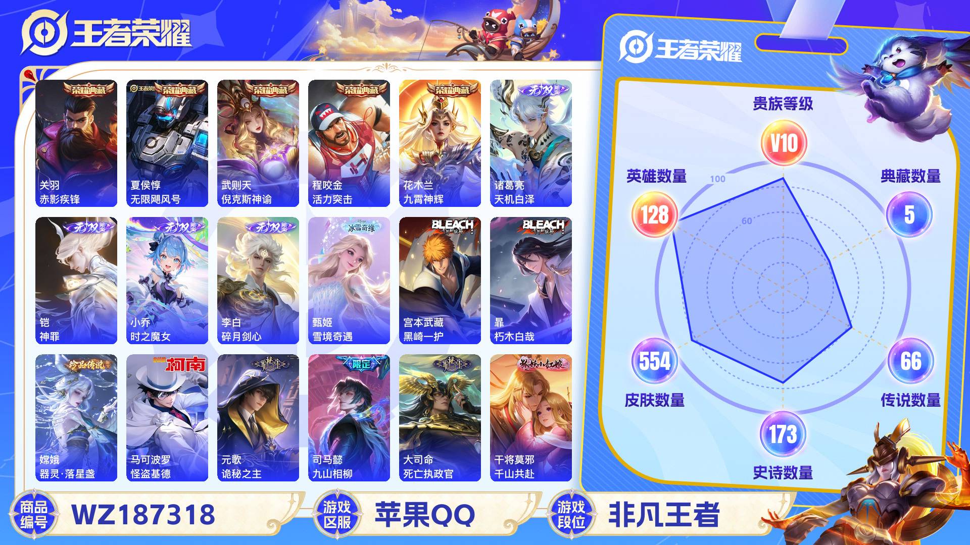 王者荣耀账号苹果QQ128英雄-554皮肤-苹果QQ 554皮 贵族10级 5典藏 4珍品传说 5无双 66传说 173