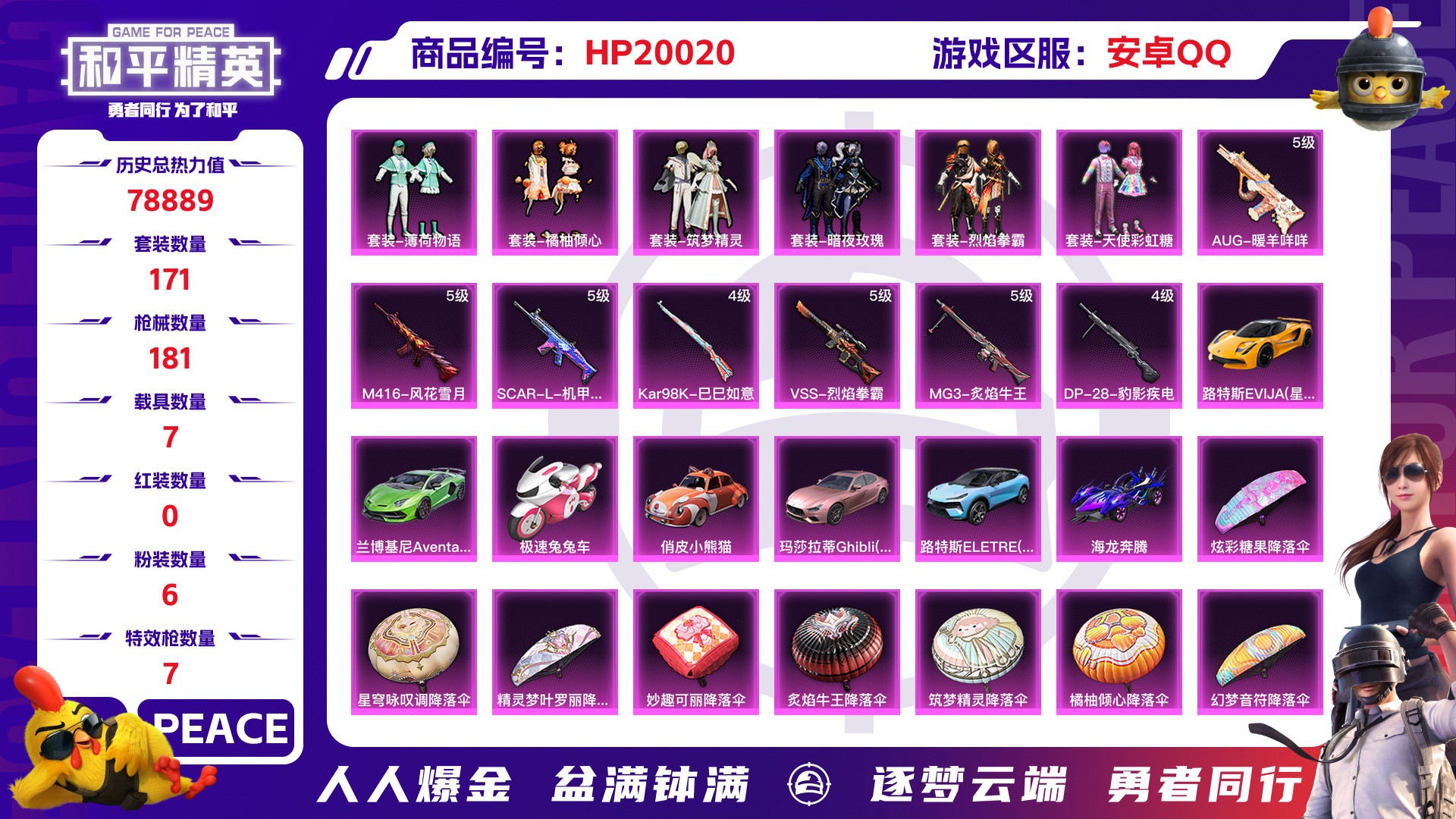和平精英账号安卓QQ7载具-10套装-181枪皮-皮小熊猫,玛莎安卓QQ 历史总热力值:78889 粉装数量:6 特效枪