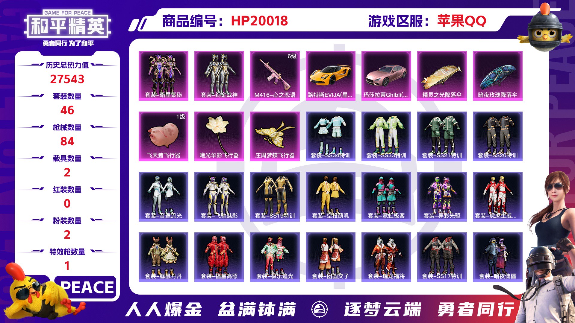 和平精英账号苹果QQ2载具-2套装-84枪皮-苹果QQ 历史总热力值:27543 粉装数量:2 特效枪数量:1 载具数量