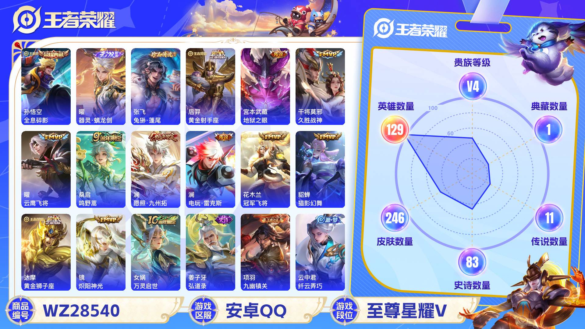 王者荣耀账号安卓QQWZ28540|安卓QQ 246皮 贵族4级 1典藏 1珍品传说 1无双 11传说 83史诗【荣耀典
