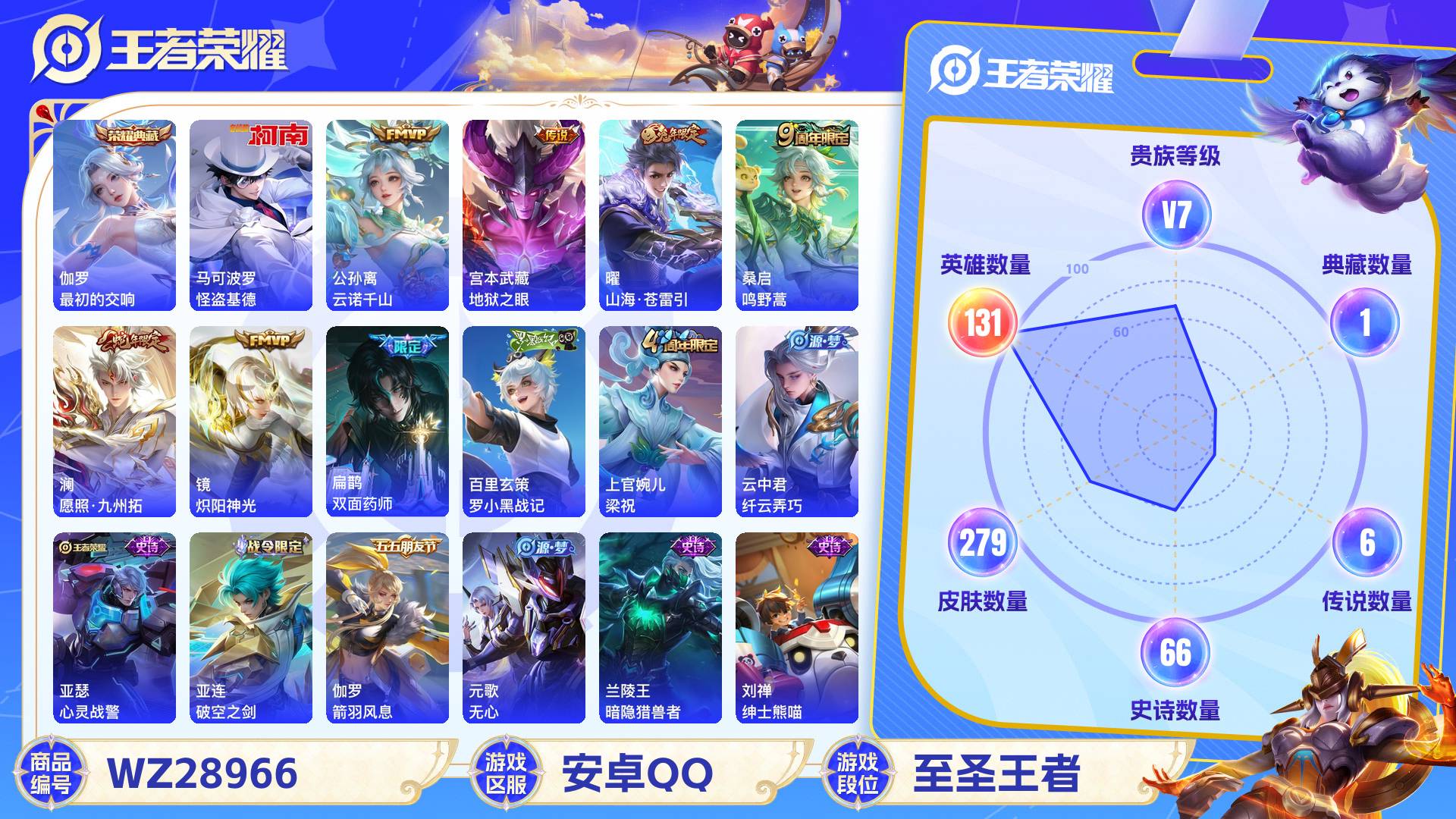 王者荣耀账号安卓QQWZ28966|安卓QQ 279皮 贵族7级 1典藏 1珍品传说 6传说 66史诗【荣耀典藏】最初的