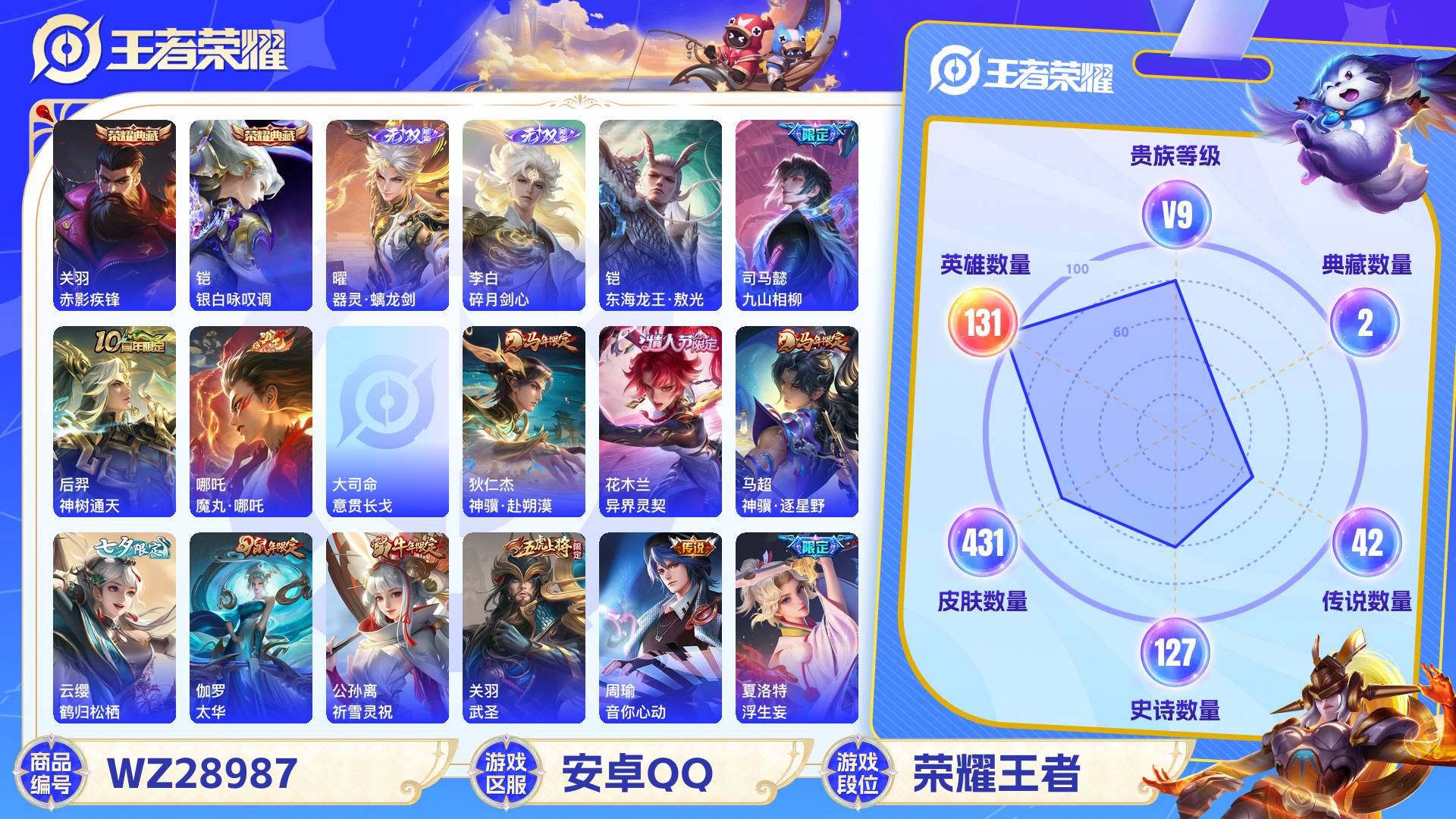 王者荣耀账号安卓QQWZ28987|安卓QQ 431皮 贵族9级 2典藏 1珍品传说 2无双 42传说 127史诗【荣耀