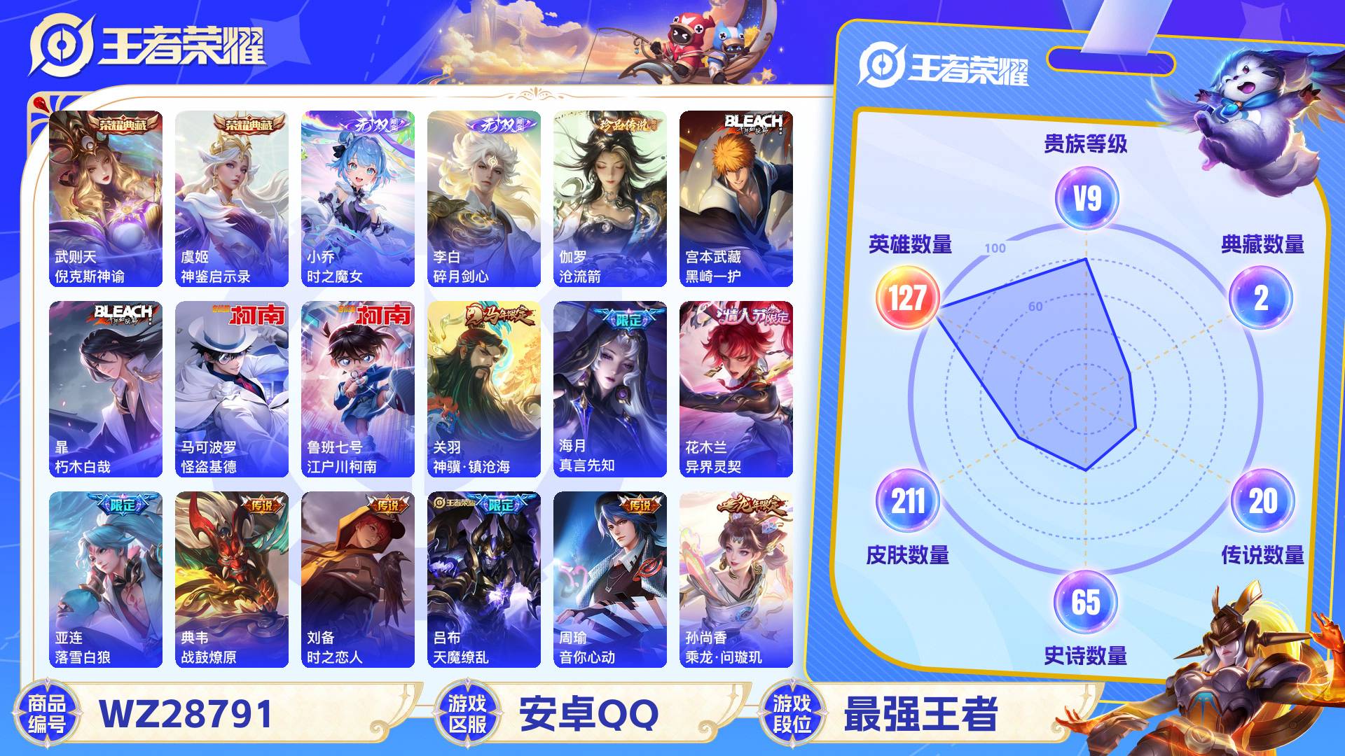 王者荣耀账号安卓QQWZ28791|安卓QQ 211皮 贵族9级 2典藏 5珍品传说 2无双 20传说 65史诗【荣耀典
